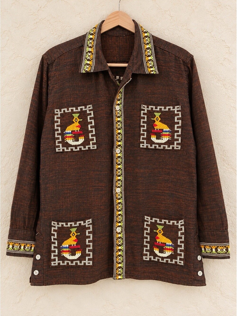 Vintage Hand-Woven Guatemalan Embroidered Quetzal Bird Shirt Jacket Size Medium